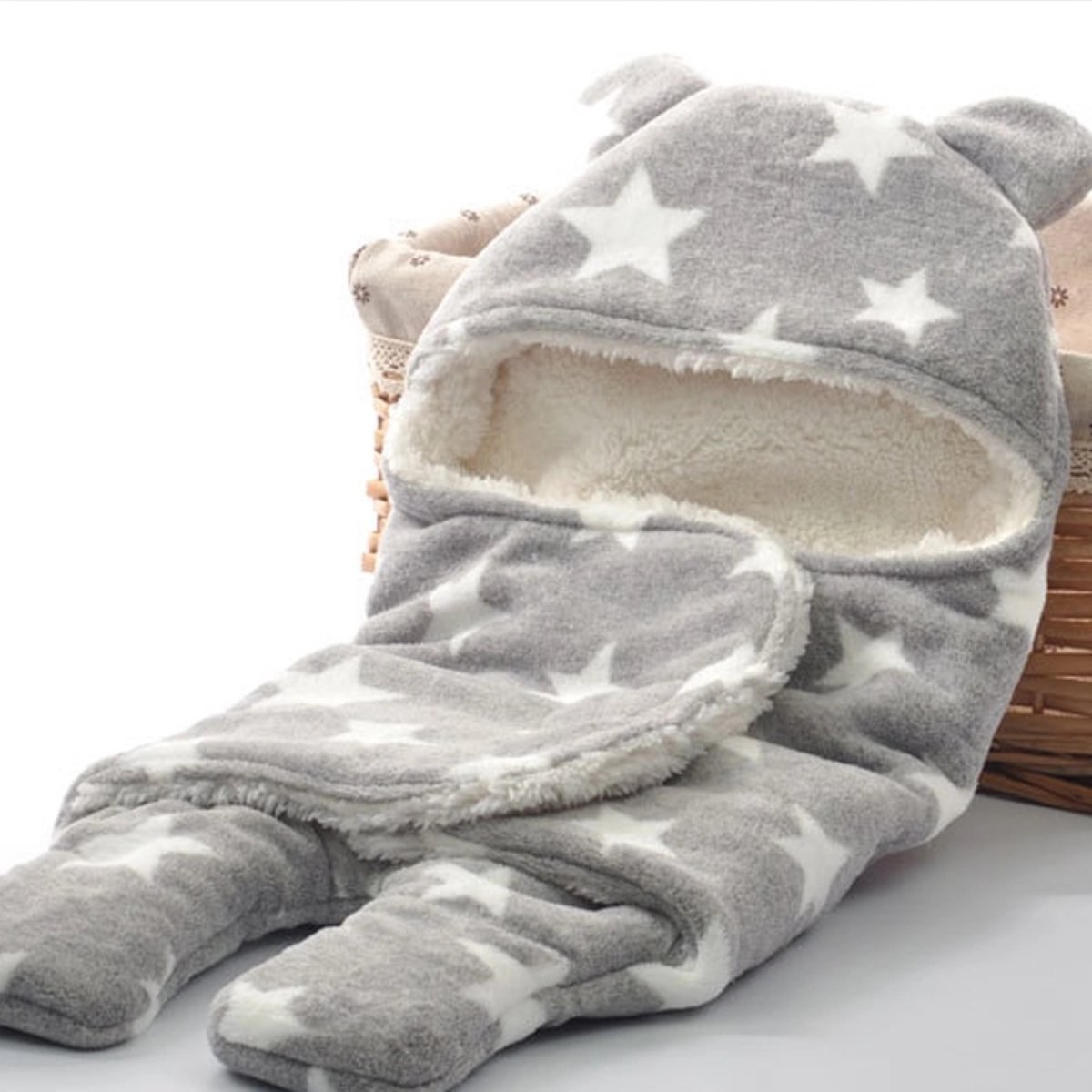 Luxury 3-in-1 Baby Swaddle Wrap & Sleeping Bag - Original Sherpa Lined Super Soft Flannel Hooded Blanket for Infants 0-12 Months (Blue Star Print)