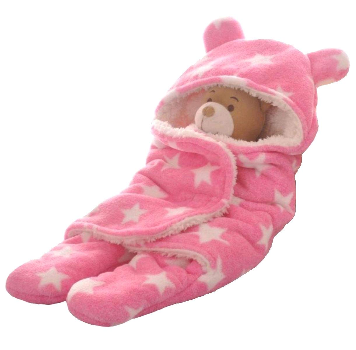 Luxury 3-in-1 Baby Swaddle Wrap & Sleeping Bag - Original Sherpa Lined Super Soft Flannel Hooded Blanket for Infants 0-12 Months (Blue Star Print)